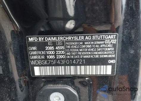 2003 Mercedes-Benz Sl 500 из США, поврежденный, VIN WDBSK75F43F014721